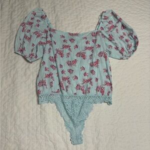 NWOT Free People Intimately Angela Puff Sleeve Floral Bodysuit
